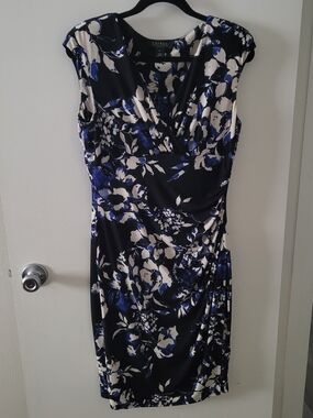 Lauren Ralph Lauren Black, Navy & Cream Floral Wrap-Style Midi Dress